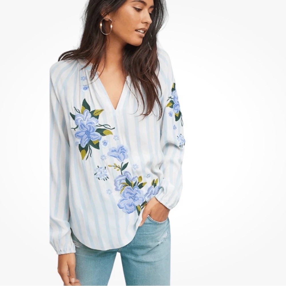 Akemi + Kin Light Blue Striped Embroidered Floral peasant boho Blouse